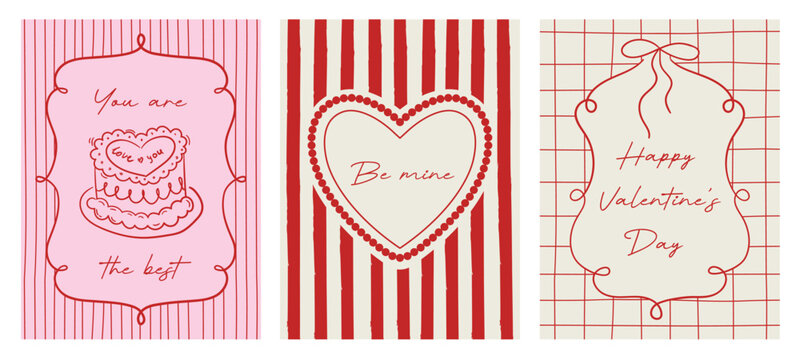 Set of whimsical Valentine's day coquette frames with swirls, bows, ribbons on striped and checkered background. Hand-drawn elegant borders for wedding party design. Bachelorette card vector templates