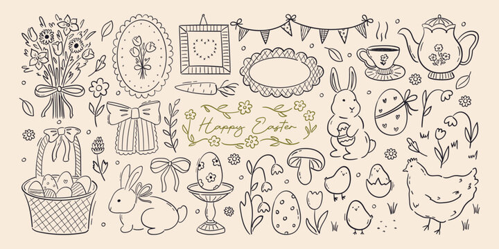 Playful line art vector illustrations for Easter celebration. Hand-drawn whimsical drawings of bunny, basket with eggs, flowers and elements for cottagecore garden party. Quirky spring coquette design