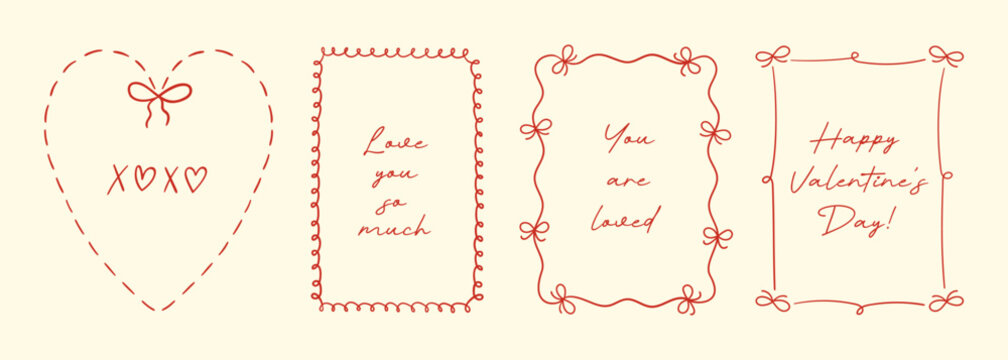 Set of minimalistic Valentine's day coquette frames with swirls, bows and ribbons. Line art whimsical borders for wedding party design. Bachelorette card vector templates