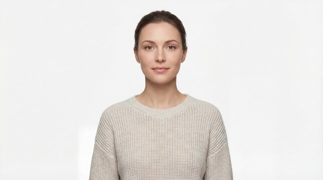Portrait of a young woman with a neutral expression, looking directly at the camera, isolated on a white background.