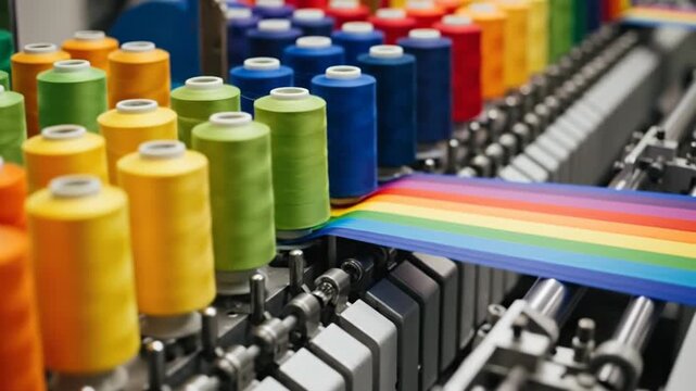 Rows of colorful spools of thread on a textile machine, creating vibrant patterns.