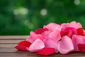 Rose petal pink petal red petal wooden table green background romantic soft focus nature wedding love scene with delicate flower petal on wood surface and calm garden blur