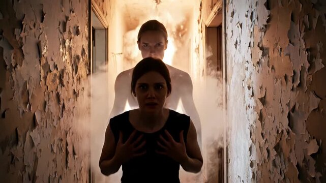 A scared woman encounters a ghostly presence in a dark, haunted hallway.