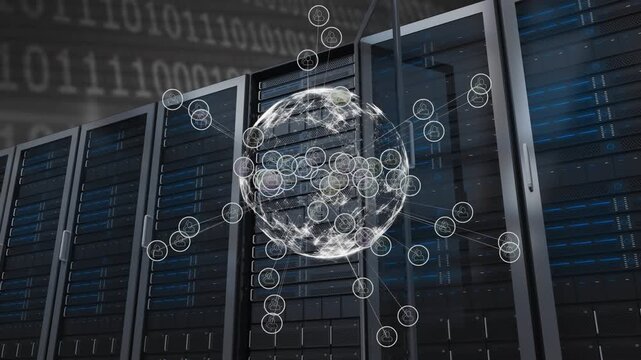 Animation of network of connections with icons over binary code and servers