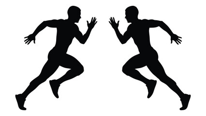 Fototapeta premium Two silhouetted figures are depicted in dynamic running poses against a white background