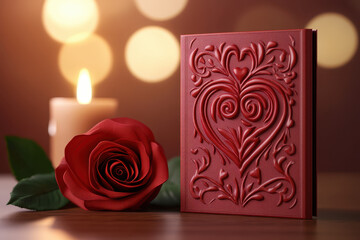 Romantic decoration red rose heart book candle light love symbol valentine gift embossed cover wooden table soft bokeh warm glow create intimate mood for message of affection and devotion