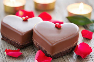 Chocolate heart cake dessert romance petal candle love valentine romantic treat with red petal on wooden table under soft candle light creating warm intimate celebration mood for couple