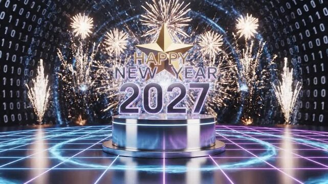 Futuristic 2027 New Year celebration with neon lights, binary code