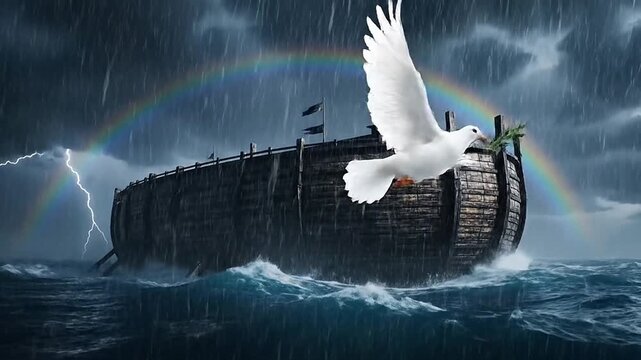 Noah's Ark sailing on water in rain with emerging rainbow and flying white dove with green branch, inspirational biblical scene in detailed vivid style