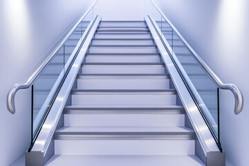 Modern escalator staircase interior minimal architecture metal handrail glass railing leading upward in bright hallway, futuristic clean design for public transport space