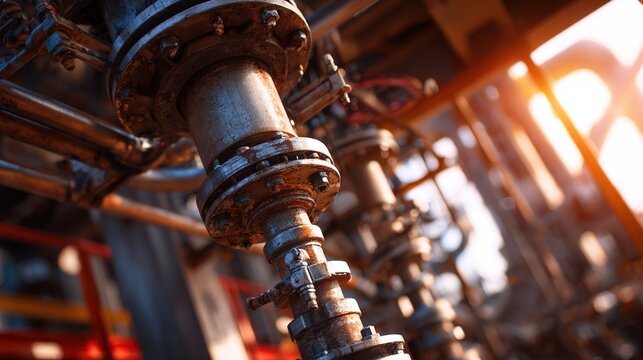 wellhead. Close-up of an industrial wellhead assembly with intricate steel pipes. safety posters, maintenance manuals, designed for precision metalworking and fabrication facilities.