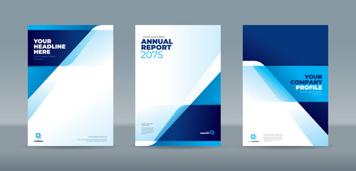Modern diagonal geometric layers in cool blue and navy gradients with a clean layout. A4 size book cover template for annual report, magazine, booklet, proposal, portfolio