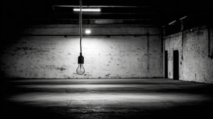 A single bare light bulb dangling precariously from a cord in a dark, empty industrial interior, casting a solitary glow