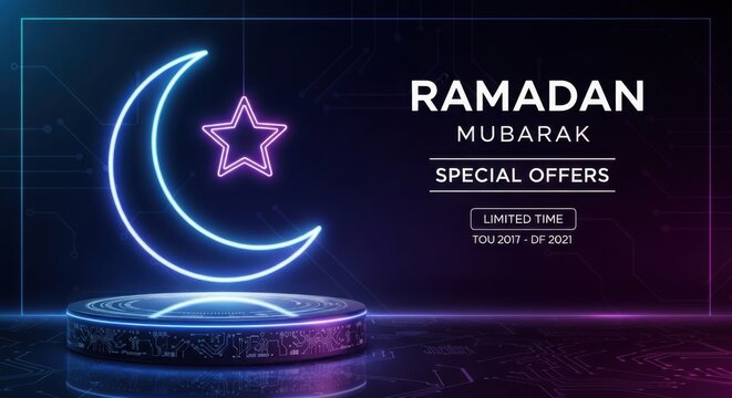 Neon ramadan mubarak special offers with glowing crescent and star on a digital platform