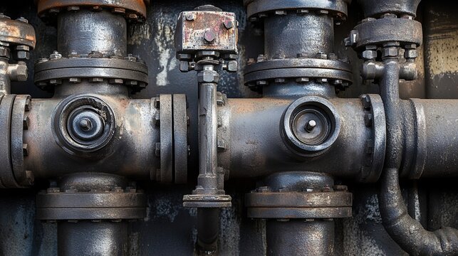 wellhead. Close-up of an industrial wellhead assembly with intricate steel pipes. safety posters, maintenance manuals, designed for precision metalworking and fabrication facilities.