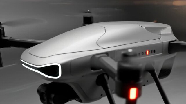 Modern silver drone with camera hovering against a gradient gray background in studio shot.