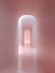 Fototapeta premium Long, narrow corridor with an archway in the center. the corridor is made of white walls and floor, and the archway is lit up with a soft pink light.