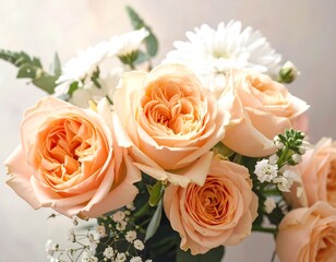 Obraz premium A bouquet of peach roses and white flowers