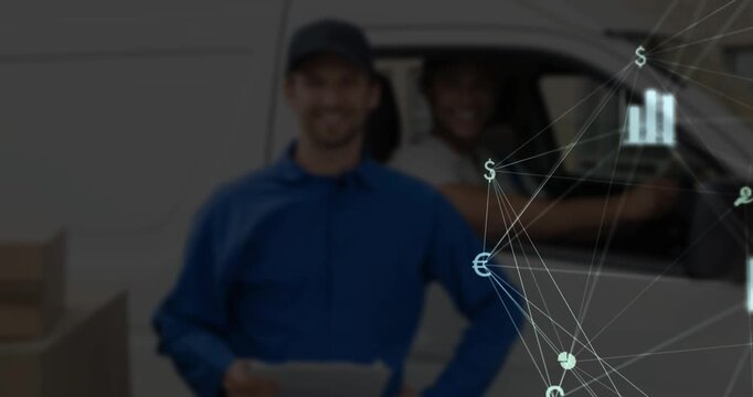 Animation of media icons over caucasian male deliverer