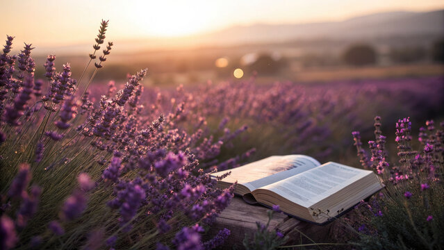 The bible placed in a beautiful natural setting concept. Open book resting on a wooden surface in lavender fields.