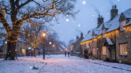Snowy winter street with glowing lights and snowflakes concept. Snowy street scene with charming cottages and festive lights.
