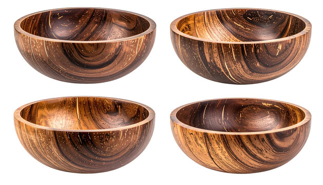Four wooden bowls with rich grain and curved edges, displayed against a stark black backdrop