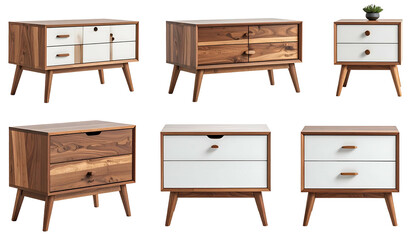 Six mid-century modern style wooden cabinets with drawers in various angles and a small plant
