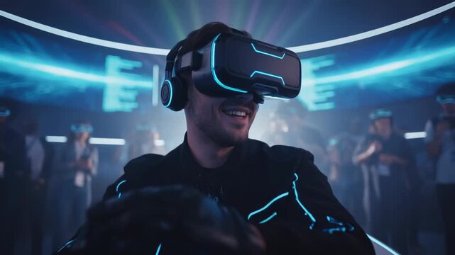 Immersive virtual reality gamer man wearing headset and haptic glove smiling and enjoying neon lit futuristic simulation with excited audience