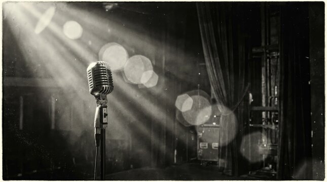 Black and white microphone on racked open mic night concept. Vintage microphone illuminated by dramatic stage lighting.