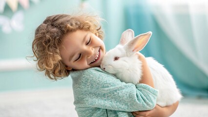 Happy child hugging white rabbit tightly