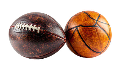 A football and a basketball touching side by side on a black background