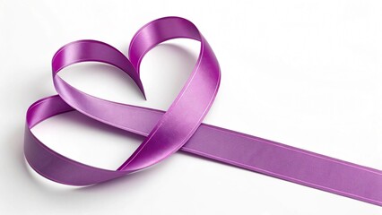 Purple ribbon tied in heart shape on white background