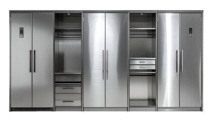 A modern, stainless steel wardrobe and storage system with refrigerator elements