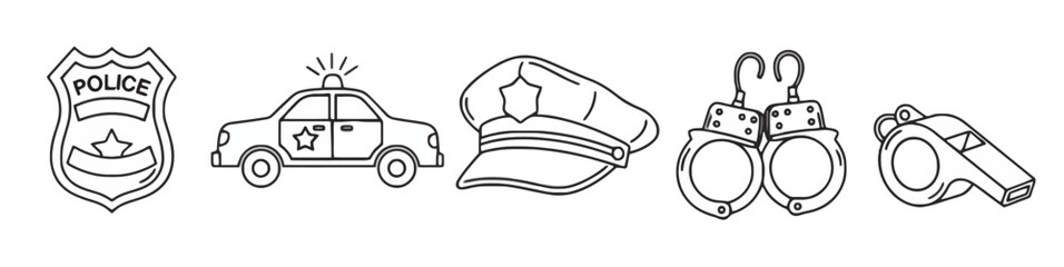 Police equipment set, including badge, patrol car, police cap, handcuffs, and whistle, sketch style, vector illustration, isolated on white background, graphic symbols for law enforcement © Mahima