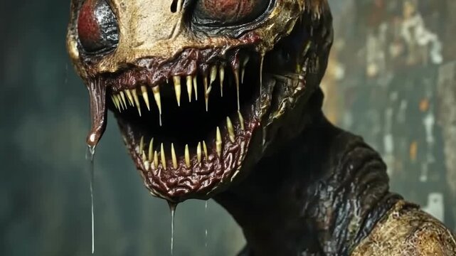 Creepy creature with sharp teeth and intense eyes in a dark environment during the night