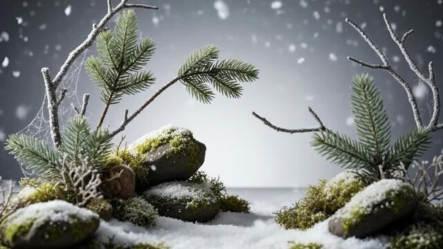 Winter scene featuring mossy s, snow, and evergreen branches against a soft gradient background.