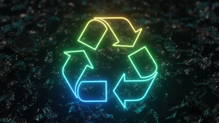 Obraz premium Vibrant neon recycling symbol illuminating a dark, fragmented electronic landscape for