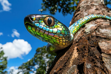 Snake reptile macro wildlife nature tree forest scale eye colorful snake in tree in nature, macro eye on scale in forest, colorful snake by tree for wildlife nature, reptile in forest nature