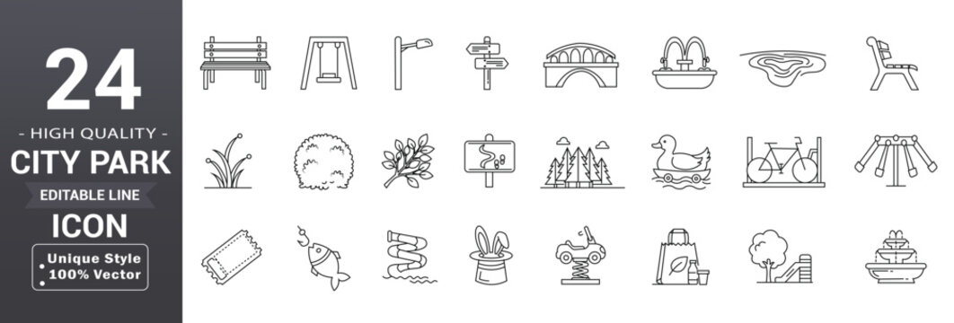 City park line icons including trees, recycling, eco nature, clean energy, landscape walking zones, and public spaces editable outline vector set;