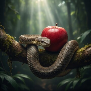 The serpent-temptor wraps around the branch with the forbidden fruit, the apple in the Garden of Eden. The concept of original sin, good and evil, the story of Adam and Eve.