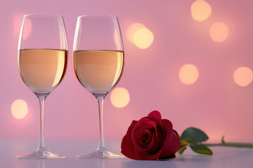 Romantic wine glass couple rose pink bokeh evening mood for celebration, tender love symbol with two drink serving side by side, dreamy date night background for holiday