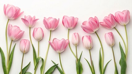 Fototapeta premium Vibrant pink tulips arranged on white background