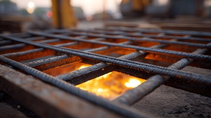 Steel rebar grid pattern at a construction site illuminated by a warm orange glow from below