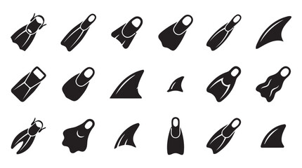 Selection of scuba diving fins and shark fins, presented as simple black silhouettes, ideal for water sports, marine life, or summer themes, on white background. © Mahima