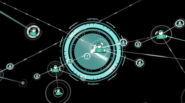 Animation of network of connections with icons over clock