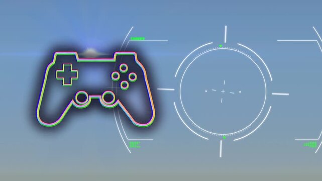 Animation of game controller joystick with hud processing on blue glitch digital interface