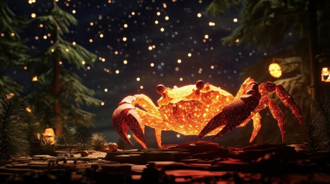 Illuminated crab at night in forest