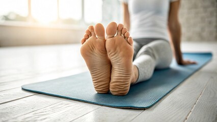 Woman practicing yoga on blue mat in bright room