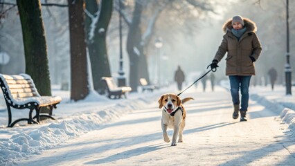 Woman walking dog on snowy city sidewalk in winter
