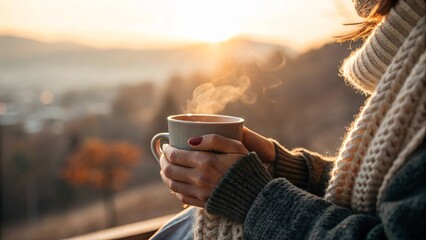 Woman enjoying warm coffee at sunrise